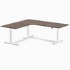 Desky L-Shape Curved Laminate Sit Stand Desk, Jarrah Legno desktop, White frame