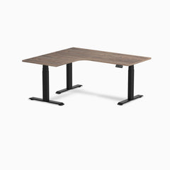 Desky L-Shape Curved Laminate Sit Stand Desk, Natural Walnut desktop, Matte Black frame