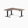 Desky L-Shape Curved Laminate Sit Stand Desk, Natural Walnut desktop, Matte Black frame
