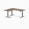 Desky L-Shape Curved Laminate Sit Stand Desk, Natural Walnut desktop, Space Gray frame