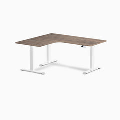 Desky L-Shape Curved Laminate Sit Stand Desk, Natural Walnut desktop, White frame