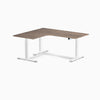 Desky L-Shape Curved Laminate Sit Stand Desk, Natural Walnut desktop, White frame