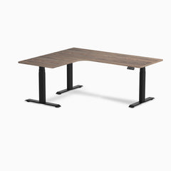 Desky L-Shape Curved Laminate Sit Stand Desk, Natural Walnut desktop, Matte Black frame
