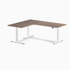 Desky L-Shape Curved Laminate Sit Stand Desk, Natural Walnut desktop, White frame
