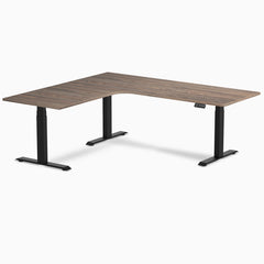 Desky L-Shape Curved Laminate Sit Stand Desk, Natural Walnut desktop, Matte Black frame