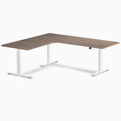 Desky L-Shape Curved Laminate Sit Stand Desk, Natural Walnut desktop, Space Gray frame