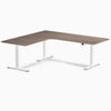 Desky L-Shape Curved Laminate Sit Stand Desk, Natural Walnut desktop, Space Gray frame