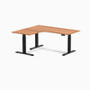 Desky L-Shape Curved Laminate Sit Stand Desk, Prime Oak desktop, Matte Black frame