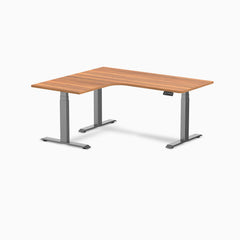 Desky L-Shape Curved Laminate Sit Stand Desk, Prime Oak desktop, Space Gray frame