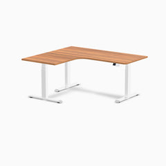 Desky L-Shape Curved Laminate Sit Stand Desk, Prime Oak desktop, White frame
