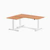 Desky L-Shape Curved Laminate Sit Stand Desk, Prime Oak desktop, White frame
