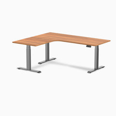 Desky L-Shape Curved Laminate Sit Stand Desk, Prime Oak desktop, Space Gray frame
