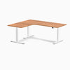 Desky L-Shape Curved Laminate Sit Stand Desk, Prime Oak desktop, White frame