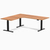 Desky L-Shape Curved Laminate Sit Stand Desk, Prime Oak desktop, Matte Black frame