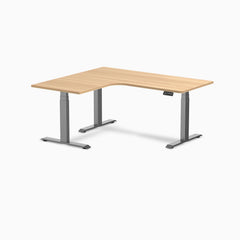 Desky L-Shape Curved Laminate Sit Stand Desk, Sublime Teak desktop, Space Gray frame