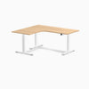 Desky L-Shape Curved Laminate Sit Stand Desk, Sublime Teak desktop, White frame