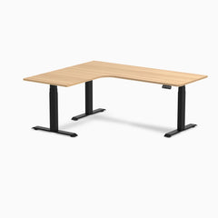 Desky L-Shape Curved Laminate Sit Stand Desk, Sublime Teak desktop, Matte Black frame