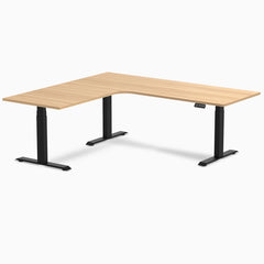 Desky L-Shape Curved Laminate Sit Stand Desk, Sublime Teak desktop, Matte Black frame