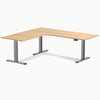 Desky L-Shape Curved Laminate Sit Stand Desk, Sublime Teak desktop, Space Gray frame