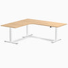 Desky L-Shape Curved Laminate Sit Stand Desk, Sublime Teak desktop, White frame