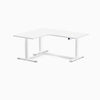 Desky L-Shape Curved Laminate Sit Stand Desk, White desktop, White frame