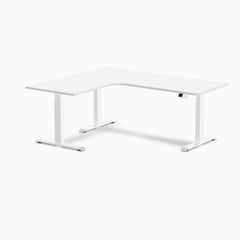 Desky L-Shape Curved Laminate Sit Stand Desk, White desktop, White frame
