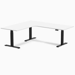 Desky L-Shape Curved Laminate Sit Stand Desk, White desktop, Matte Black frame