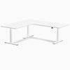 Desky L-Shape Curved Laminate Sit Stand Desk, White desktop, White frame