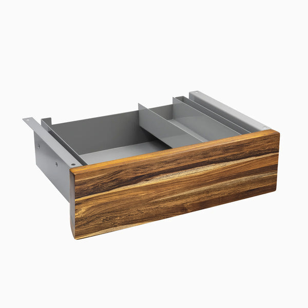 Desky Minimal Under Desk Drawer with Pheasantwood hardwood front panel and gray interior.