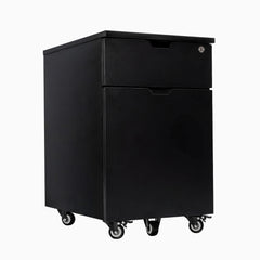 Desky black laminate filing cabinet with one personal drawer, one full-size file drawer, lock, and casters.
