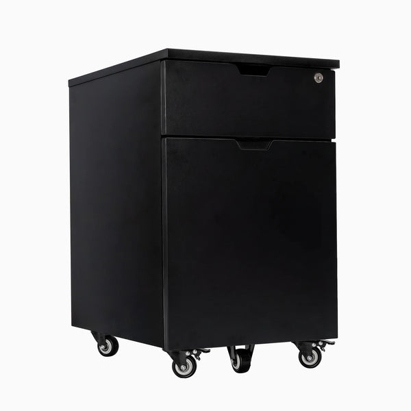 Desky black laminate filing cabinet with one personal drawer, one full-size file drawer, lock, and casters.