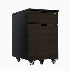 Desky black filing cabinet with two burnished wood drawers, one lockable, on casters.