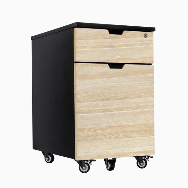 Desky Wooden Minimal Filing Cabinet, Black frame, Classic Oak Laminate