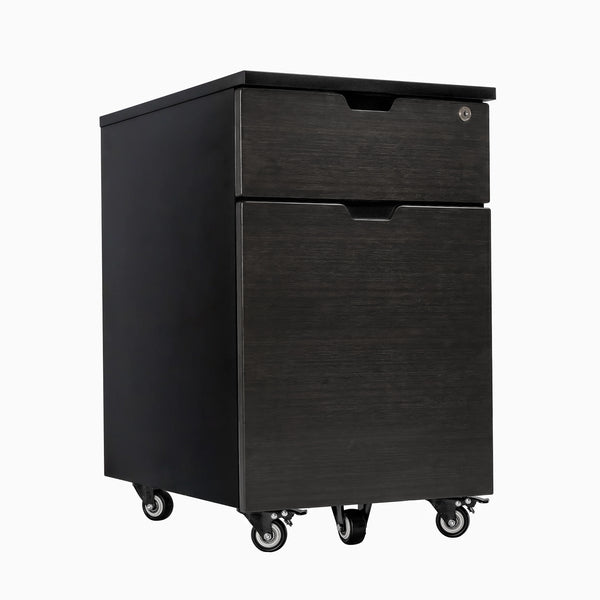 Desky Black Wooden Minimal Filing Cabinet with Dark Bamboo drawers, two drawers, and casters.