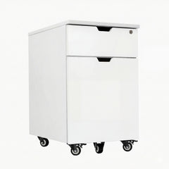 White Desky wooden minimal filing cabinet with one personal drawer, one full-size file drawer, lock, and casters.