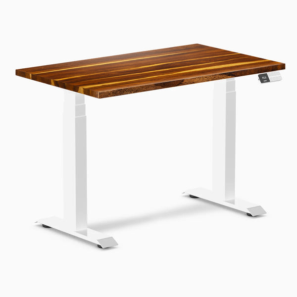 Desky Dual Mini Hardwood Sit Stand Desk, Pheasantwood desktop, White frame