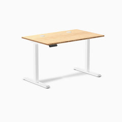 Desky Single Sit Stand Desk, Bamboo desktop, White frame