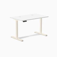 Desky Single Sit Stand Desk, White desktop, Wheat frame