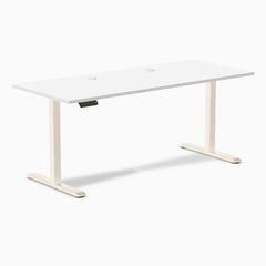Desky Single Sit Stand Desk, White desktop, Wheat frame