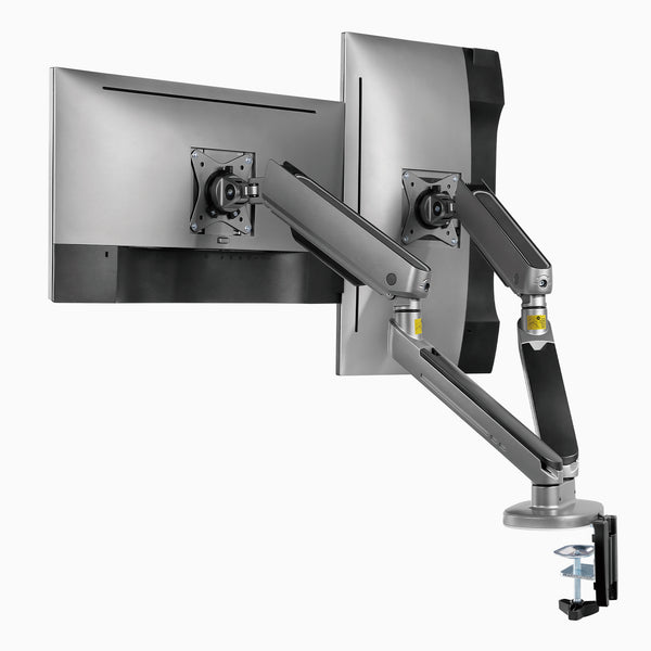 Dual LED monitor arm in space gray with two monitors