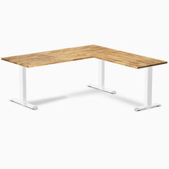 Desky Zero Hardwood L-Shape Office Desk, Acacia desktop, White frame