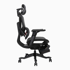 Contourra ergonomic office chair in black side view with adjustabel foot rest