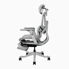 Contourra ergonomic office chair in light grey side view with tucked foot rest
