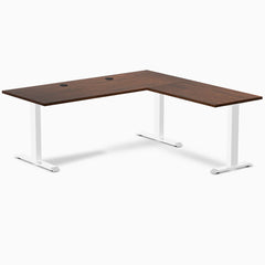 Desky Zero Rubberwood L-Shape Office Desk, Red Walnut desktop, White frame