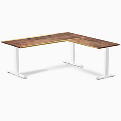 Desky Zero Hardwood L-Shape Office Desk, Saman desktop, White frame