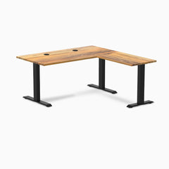 Desky Zero Hardwood L-Shape Office Desk, Teak desktop, Matte Black frame