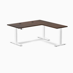 Desky Rubberwood L-Shape Sit Stand Desk, Dark Walnut desktop, White frame