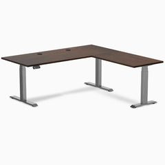Desky Rubberwood L-Shape Sit Stand Desk, Dark Walnut desktop, Space Gray frame