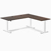 Desky Rubberwood L-Shape Sit Stand Desk, Dark Walnut desktop, White frame