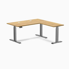 Desky Rubberwood L-Shape Sit Stand Desk, Light Oak desktop, Space Gray frame